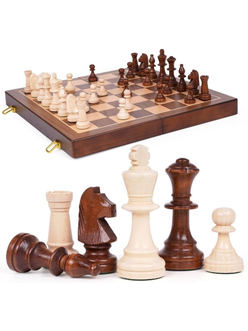 Large 17-Inch Folding Wooden Chess Set with Solid Pieces & Extra Queens